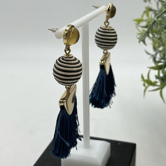 Baublebar Blue/White Ball with Blue Fringe Nautical Mamba Statement Earrings 3” - Picture 12 of 13